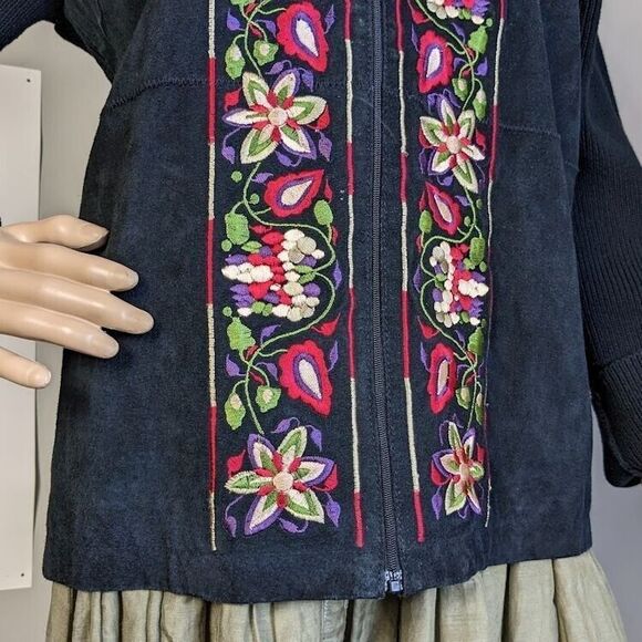 Vintage 90s Maurice Sasson Suede Jacket Ribbed Knit Black Floral Embroidery L - Picture 5 of 9